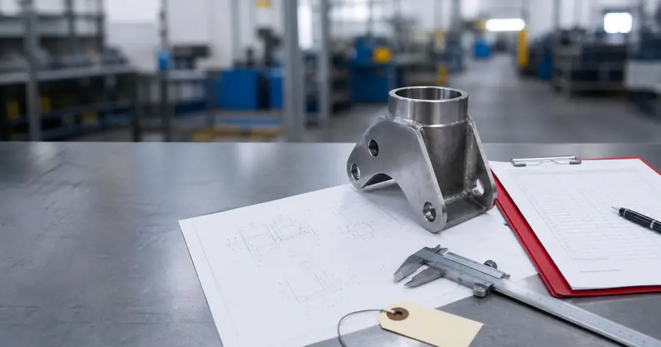Illustrative first article approval workbench with a generic metal component, controlled drawing, inspection checklist and dimensional measuring tool