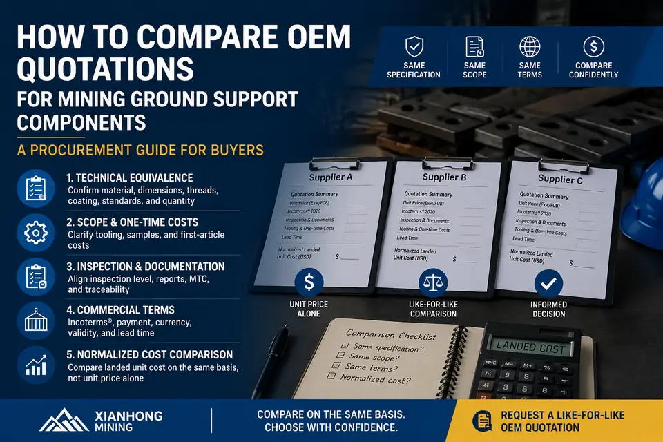 Buyer comparing OEM mining ground support quotations, technical scope, Incoterms and total evaluated cost