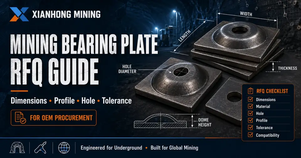 Mining bearing plate RFQ guide showing dimensions, hole requirements, profile and tolerance information for OEM procurement