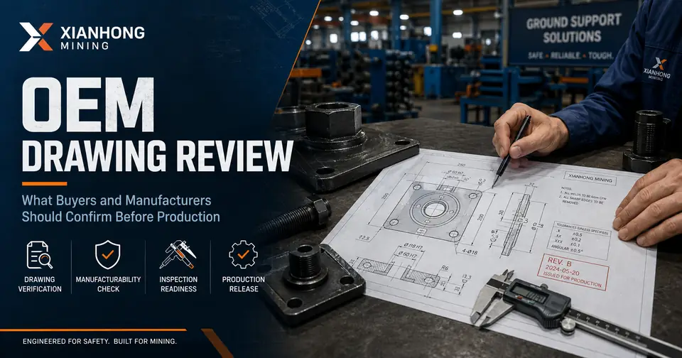 Engineer reviewing an OEM drawing for mining ground support component production