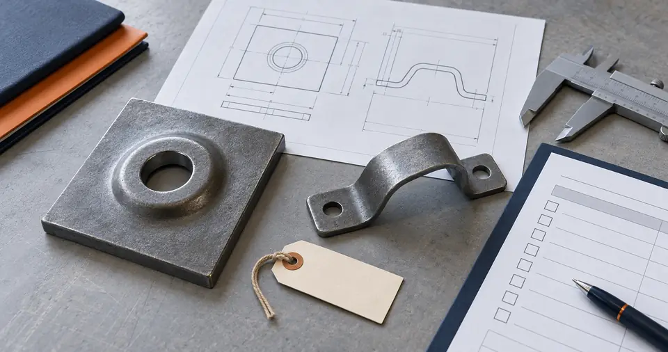 Illustrative buyer supplier-evaluation desk with steel component samples, drawing, blank checklist and caliper