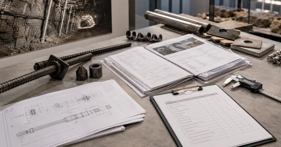 OEM repeat order review for mining ground support components with drawings, previous order records and production control checklist